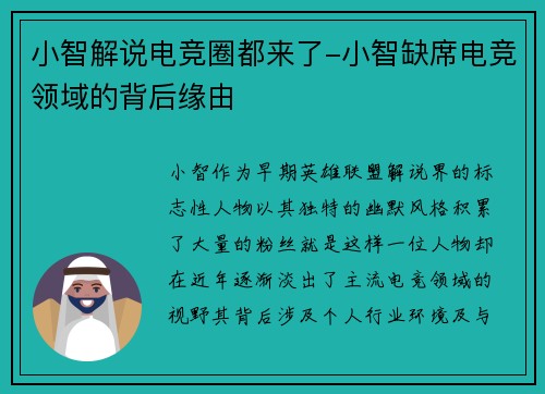小智解说电竞圈都来了-小智缺席电竞领域的背后缘由